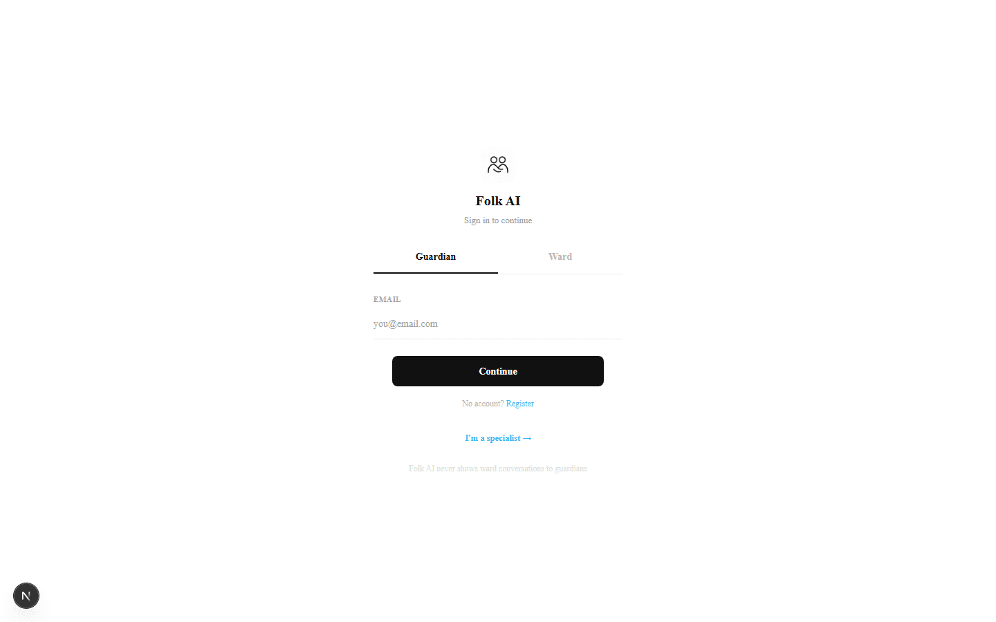 The sign-in screen — one screen, three role tabs