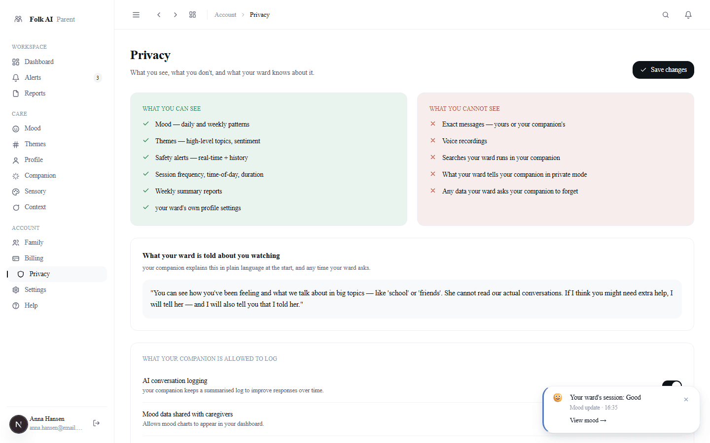 Privacy controls — what the caregiver may see is the person's decision
