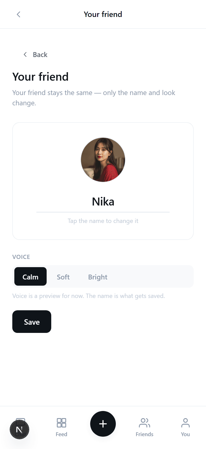 The companion profile — name, avatar, character