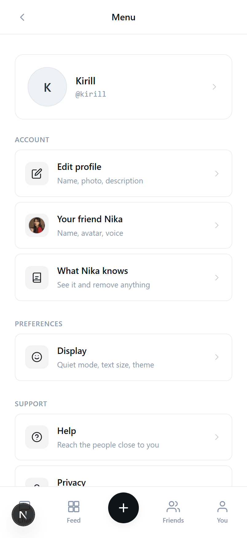 The person's own menu — their space
