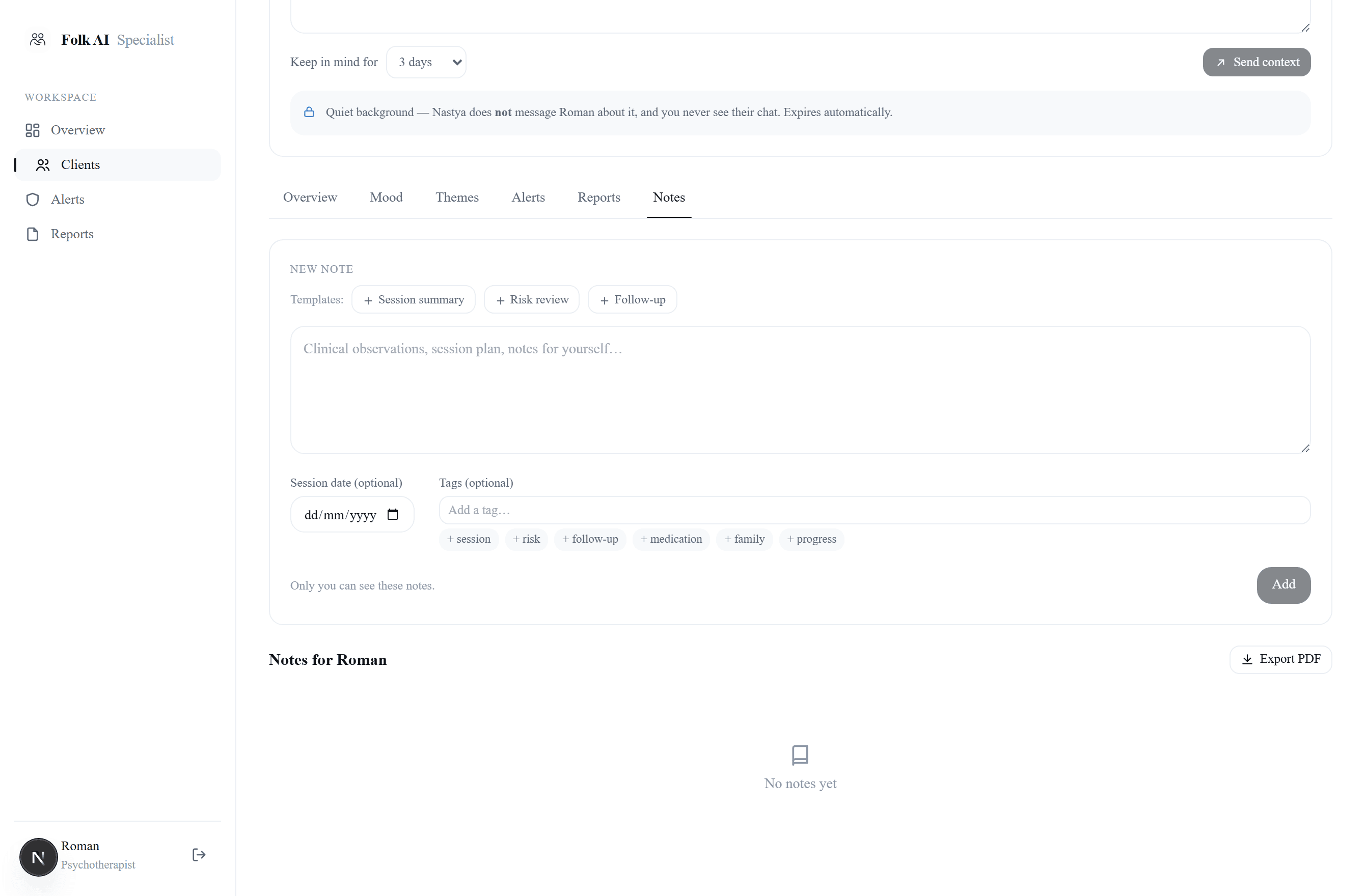 Private specialist notes with templates and tags