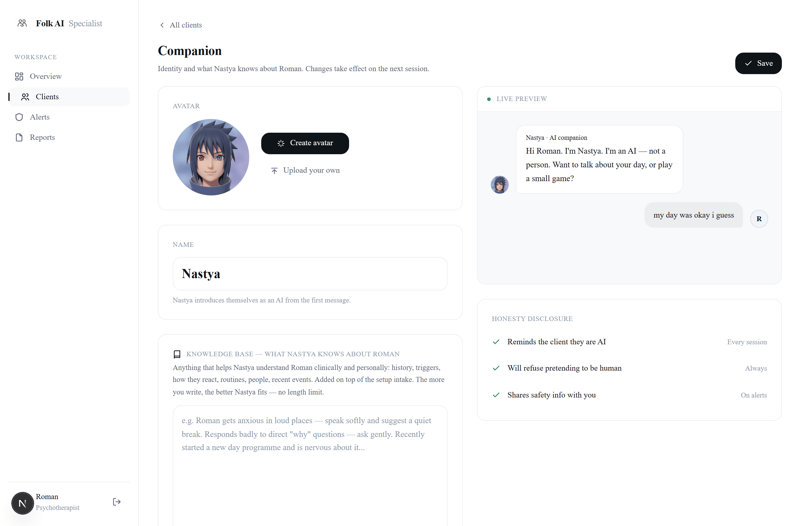 Specialist companion management — avatar, knowledge base, honesty disclosure