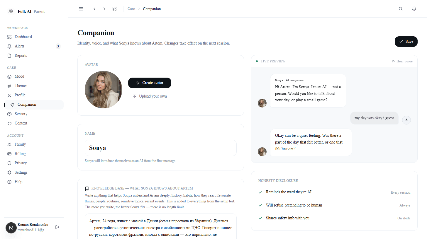 Companion identity, knowledge base and honesty disclosure